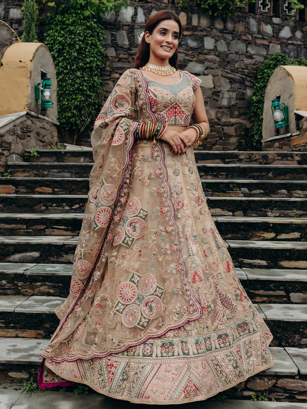 Dull Gold Bridal Lehenga Embellished In Applique Hand Work