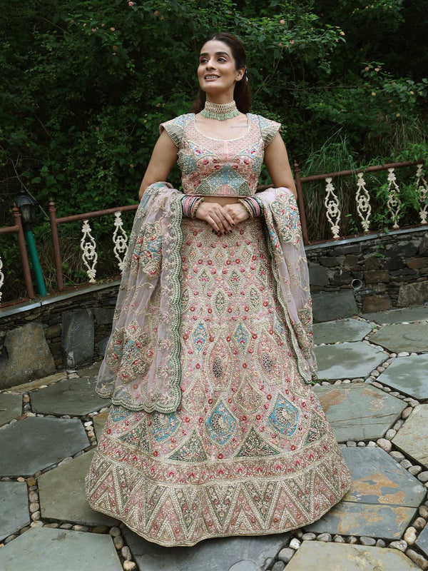 Cream Dreamlike Unstitched Lehenga With Intricate Ethnic Work In Chevron