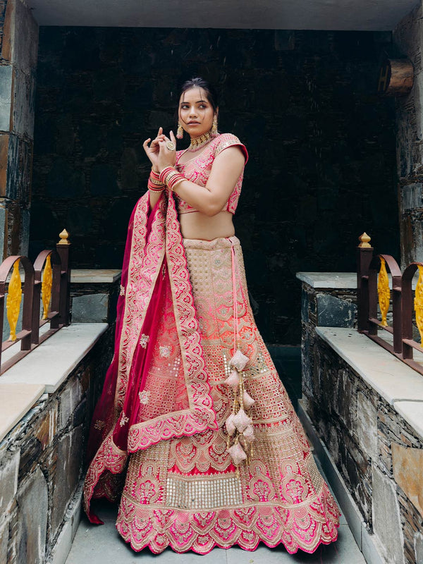 Regal Peach-Pink Unstitch Bridal Designer Lehenga