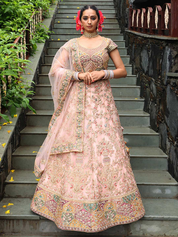 Graceful Peach Unstitched Bridal Lehenga Enhanced Rich Embroidery All Over