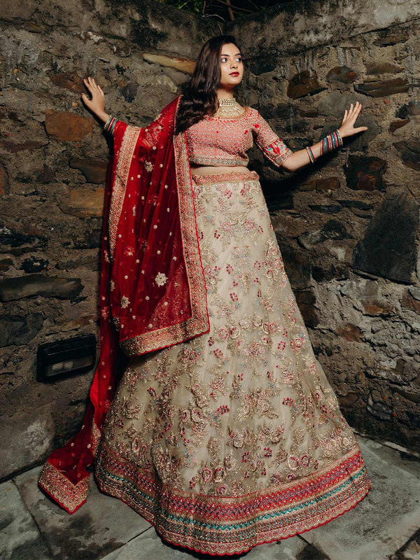 Red & Off White Bridal Designer Lehenga By Suvidha (Unstitch)