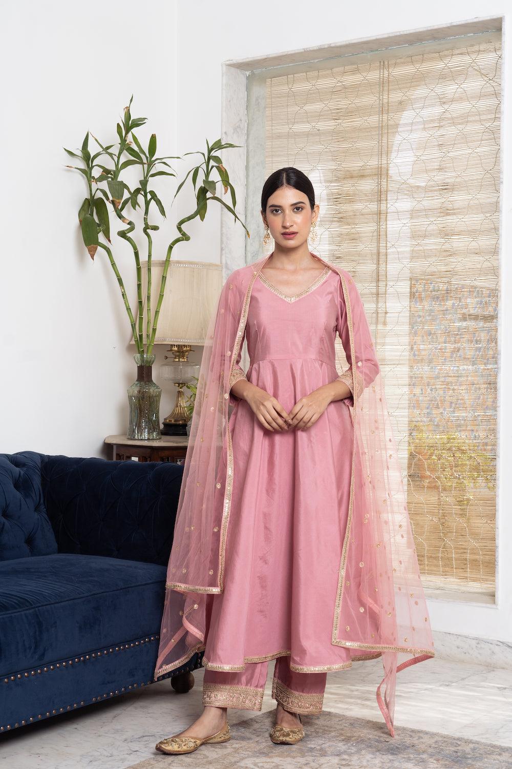 Khwabidah Baby Pink Anarkali Set of 3 - Indiakreations