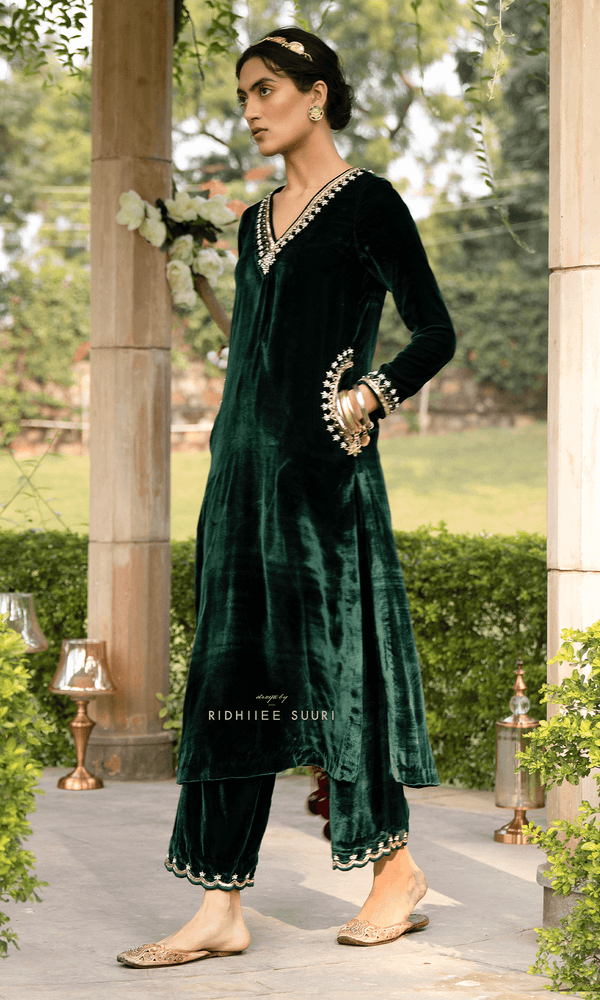 Bareen Mughals Bottle Green velvet Straight Kurta With Palazzo And Shawl - Set Of 3 RTS - Indiakreations