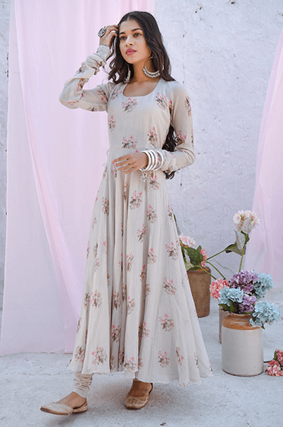 Ambara Grey digital printed Anarkali with Chooridar and Organza dupatta - RTS - Indiakreations