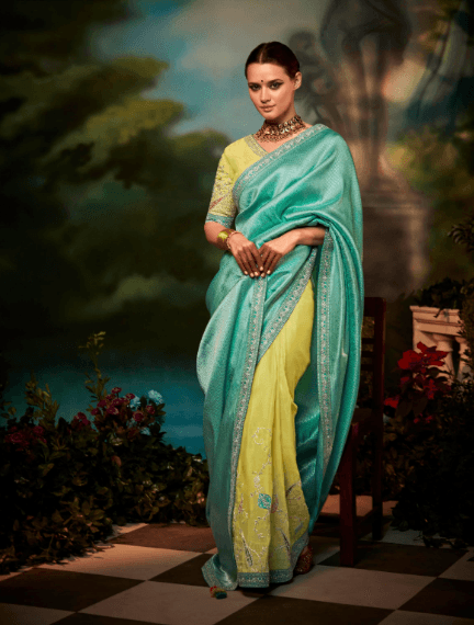 Blue And Yellow Fancy Party Wear Embroidery Work Saree - Indiakreations
