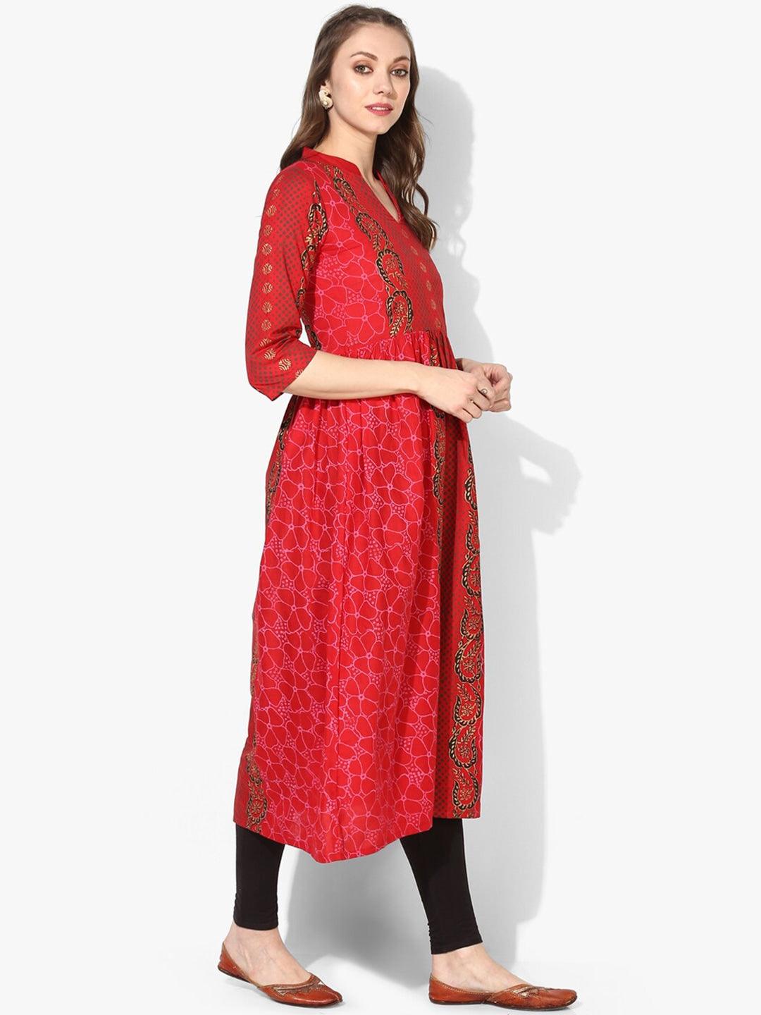 Women's Red Ethnic Motifs Printed Block Print Cotton Anarkali Kurta - Noz2Toz - Indiakreations