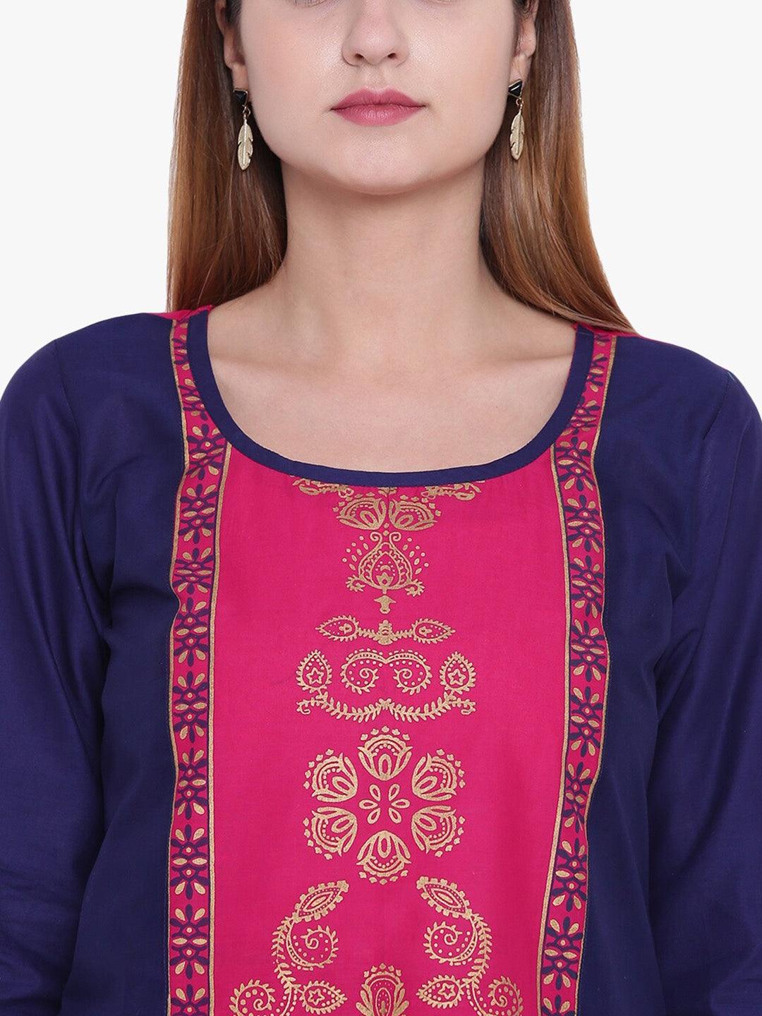 Women's Navy Blue & Pink Ethnic Motifs Printed Panelled Straight Kurta - NOZ2TOZ - Indiakreations