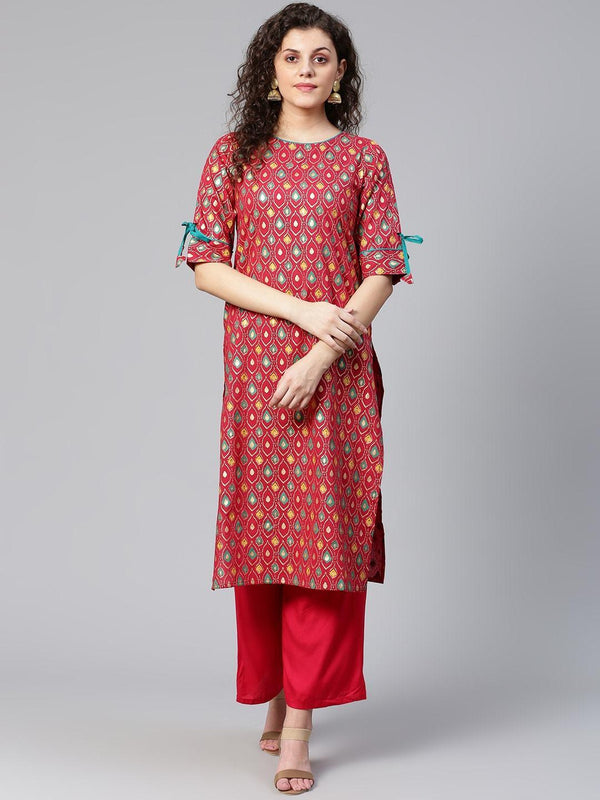 Women's Red & Green Printed Straight Kurta - Meeranshi - Indiakreations