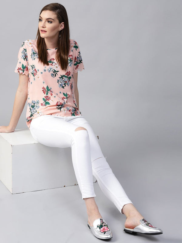 Women's Peach Floral Scalloped Top - Pannkh