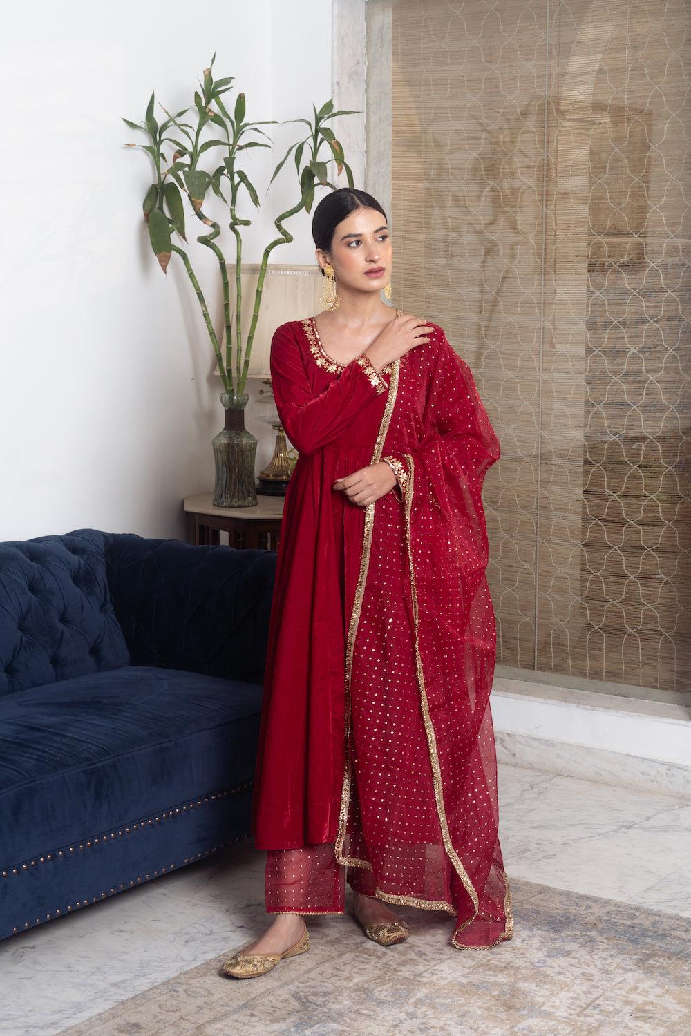 Khwabidah Maroon Anarkali Set of 3 - Indiakreations