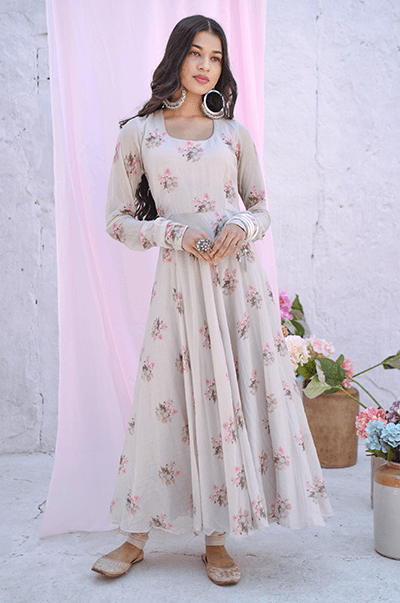 Ambara Grey digital printed Anarkali with Chooridar and Organza dupatta - RTS - Indiakreations