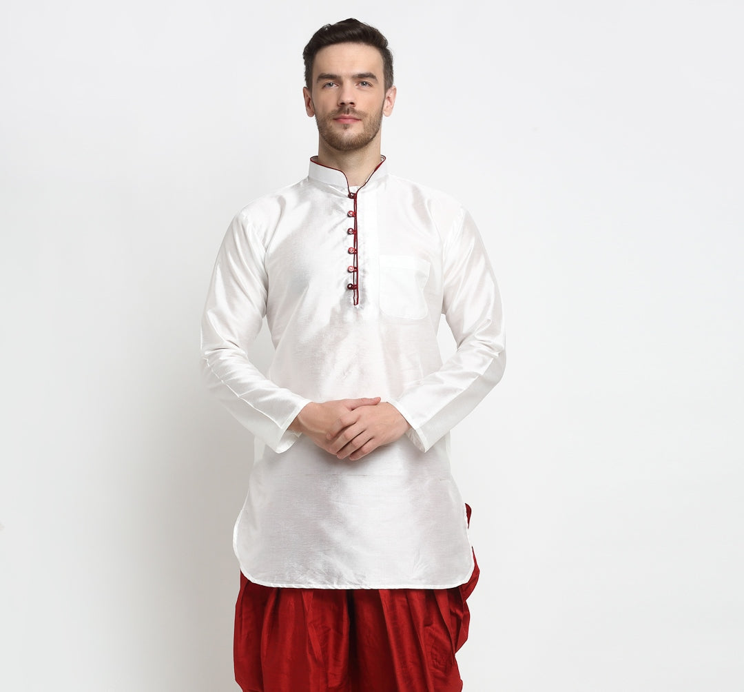 Men's Silk Blend White Short Kurta - Benstoke