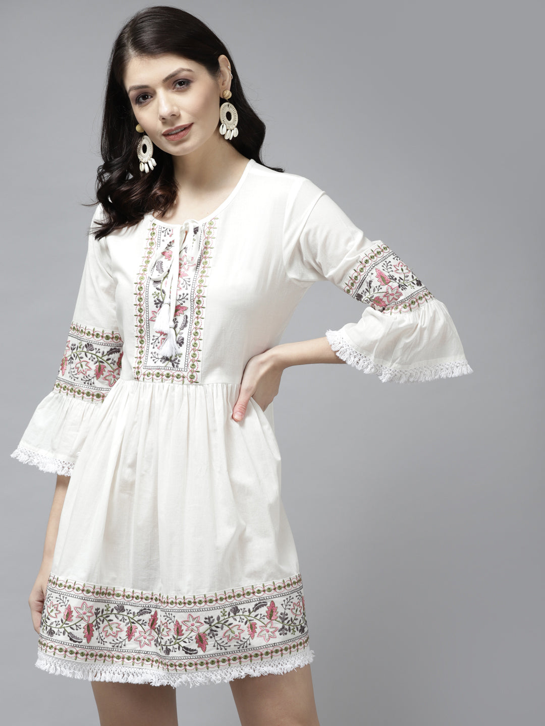 Women's White Embroidery Cotton A Line Dress - Yufta