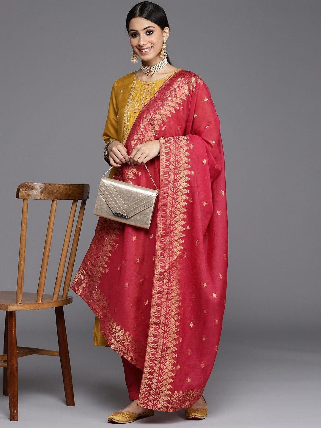 Varanga Women Mustard Yellow Ethnic Motifs Embroidered Kurta with Trousers Dupatta - Indiakreations