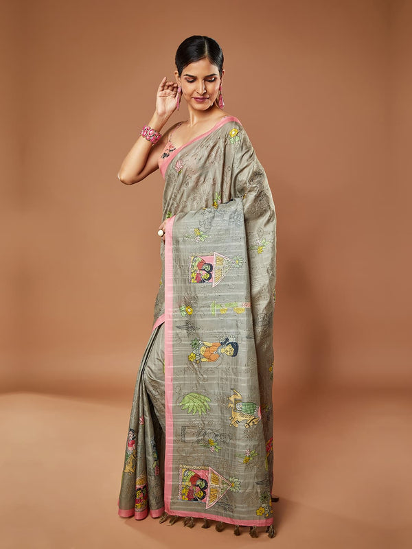 Beautiful Sea Green And Pink Floral Printed Dupain Saree