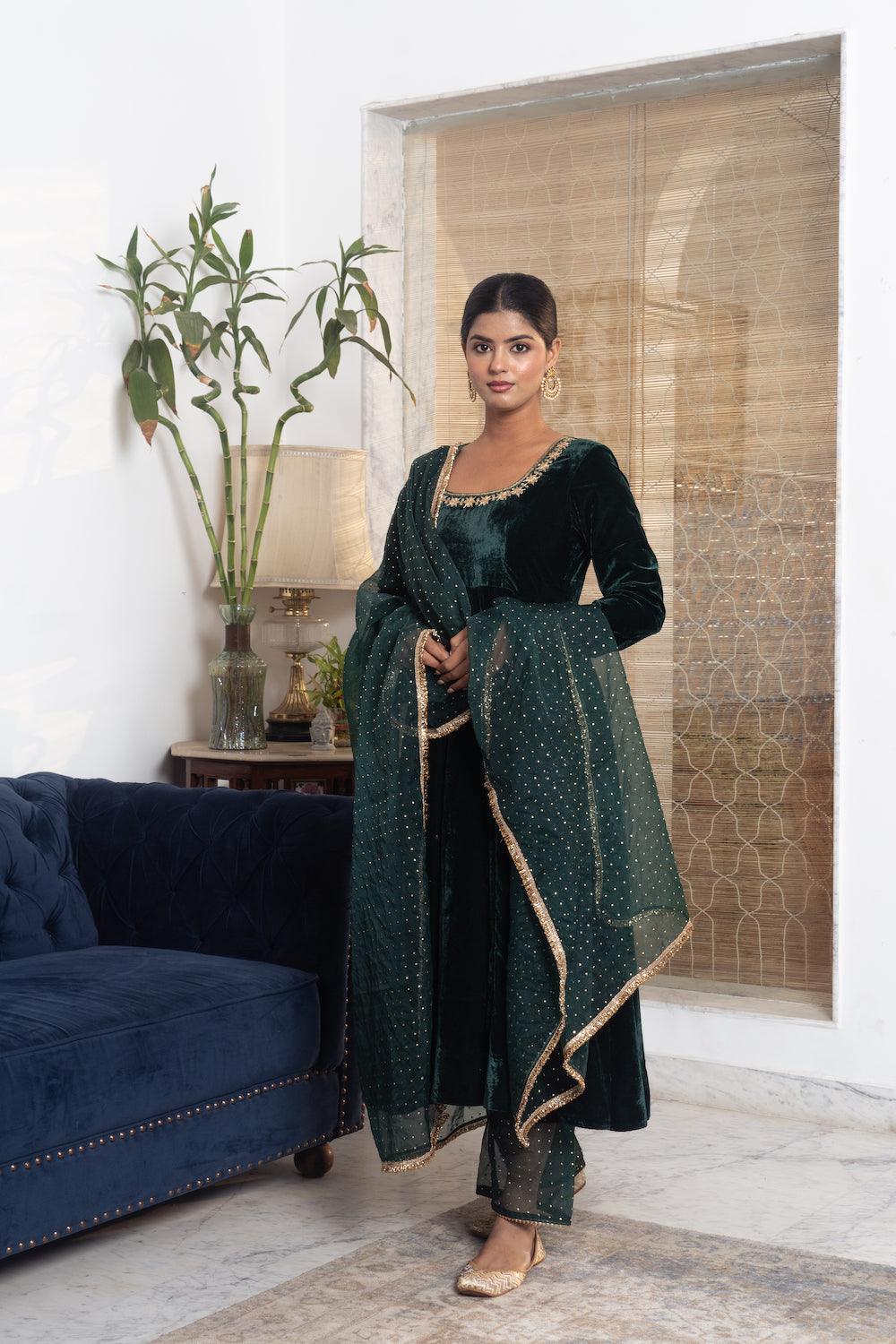 Khwabidah Bottle Green Anarkali Set of 3 - Indiakreations