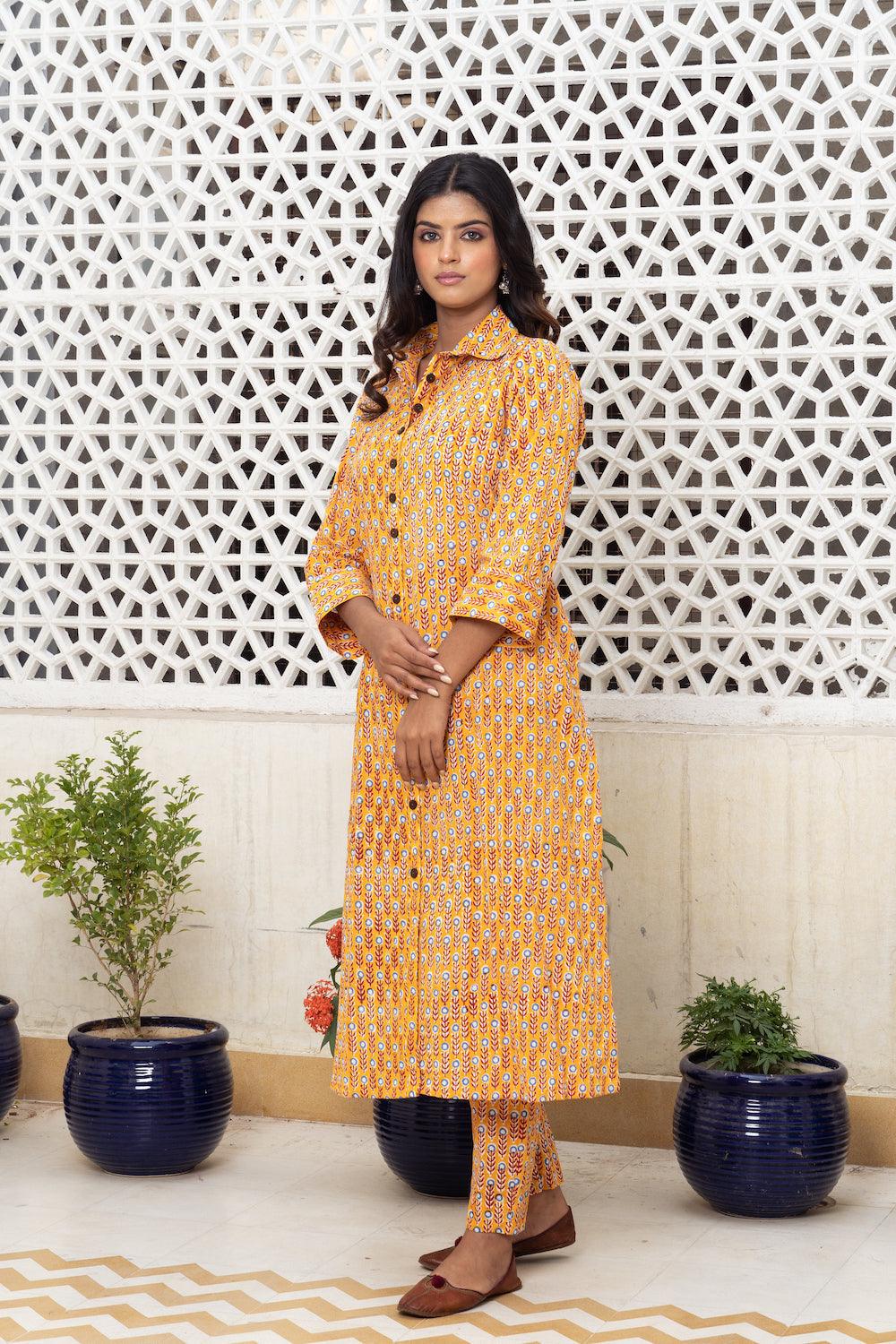 Mustard yellow hand block Kurta Set Of 2 - Indiakreations