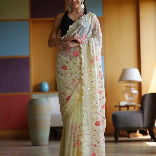 Georgette Off White Embroidered Trendy Saree - Indiakreations
