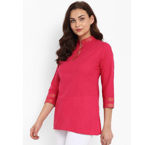 Women's  Pink Solid Mangalgiri Cotton Handloom  A-Line Top - Wahe-NOOR