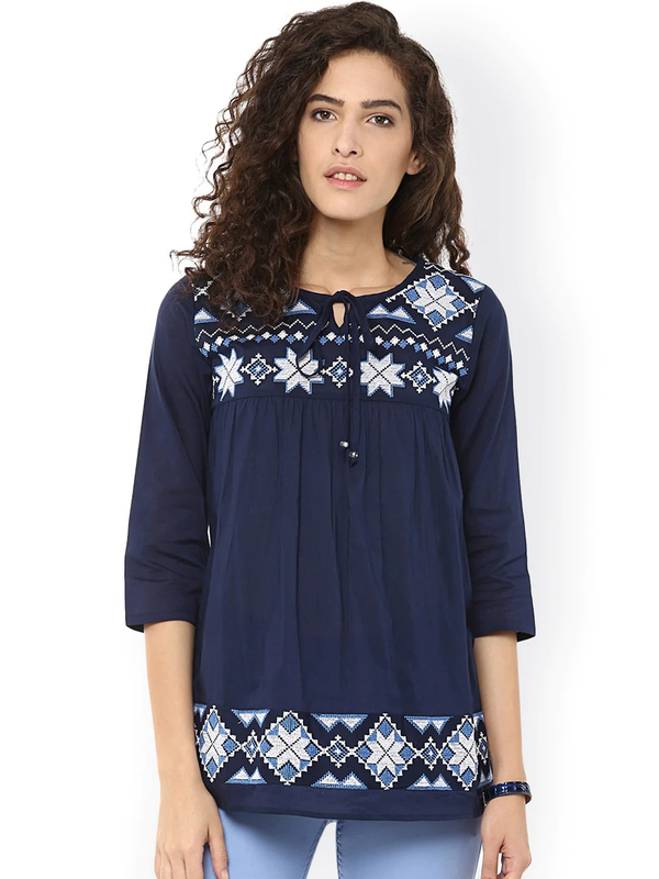 Women's  Navy Embroidered Top - Wahe-NOOR