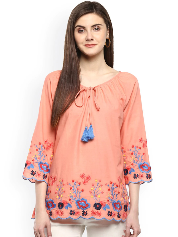 Women's  Peach-Coloured Printed A-Line Top - Wahe-NOOR