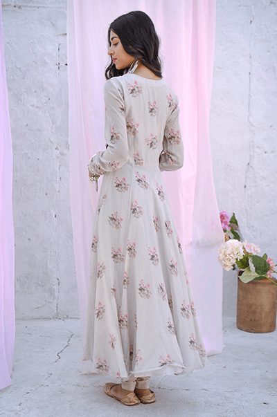 Ambara Grey digital printed Anarkali with Chooridar and Organza dupatta - RTS - Indiakreations