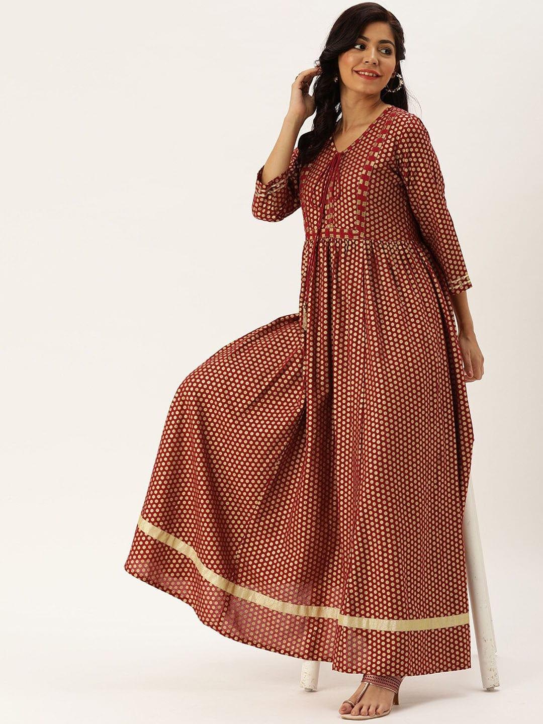 Maroon Geometric Printed Flared Sleeves Anarkali Kurta - Indiakreations