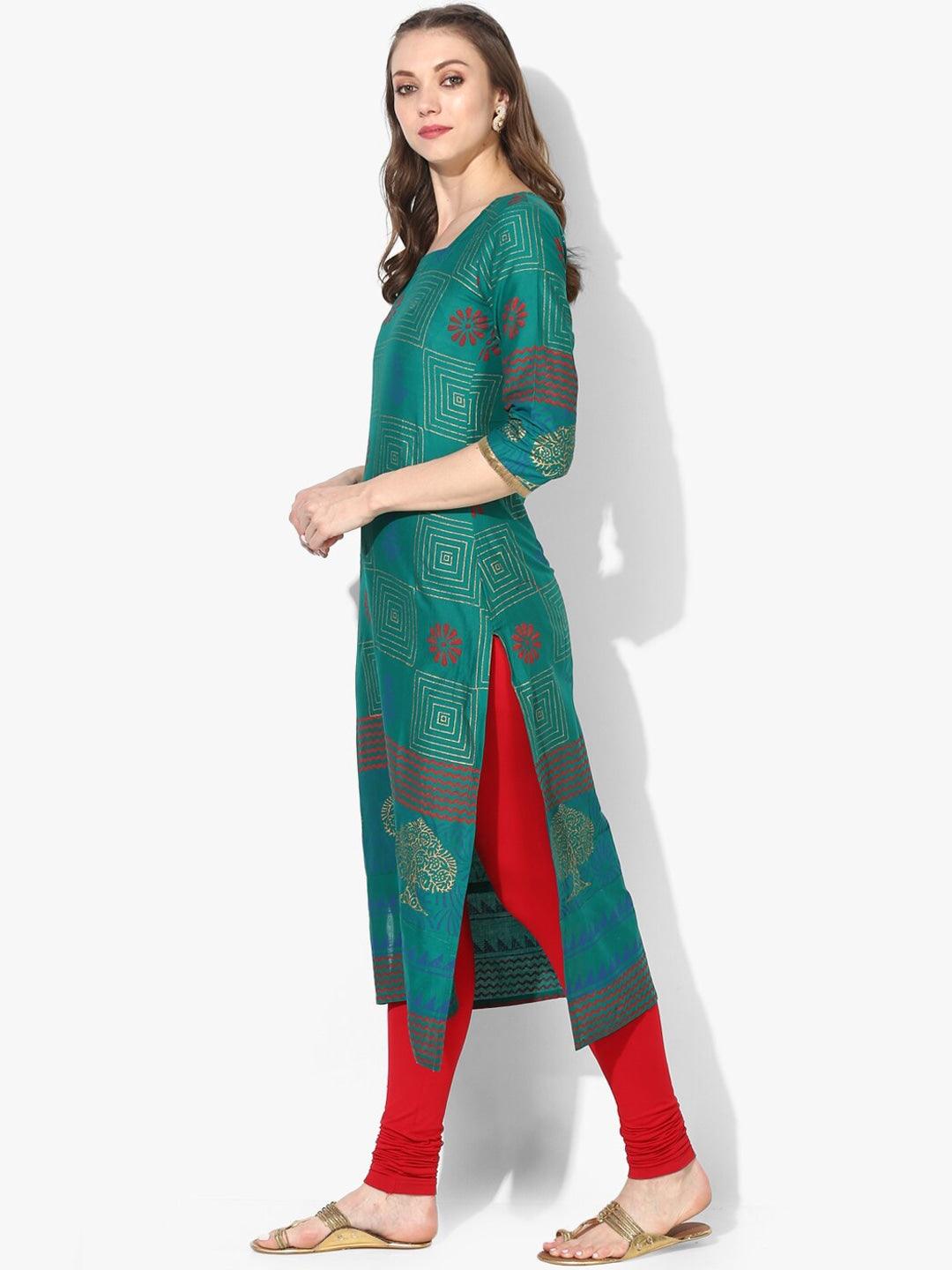 Women's Green & Gold-Toned Ethnic Motifs Printed Block Print Cotton Kurta - Wahe-Noor - Indiakreations