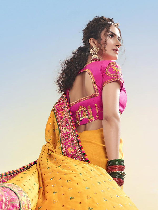 Pink & Yellow Silk Patola Saree With Blouse