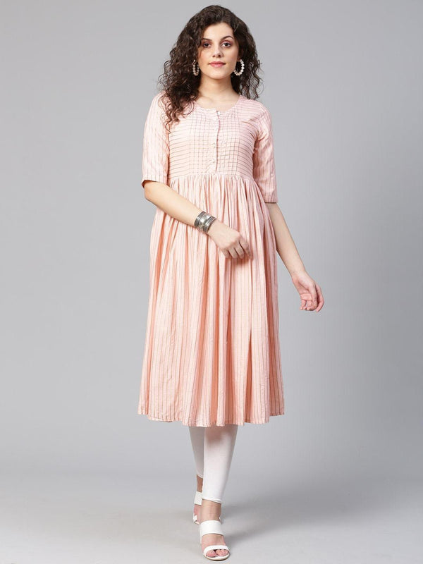 Women's Pink & Golden Striped Anarkali Kurta - Meeranshi - Indiakreations