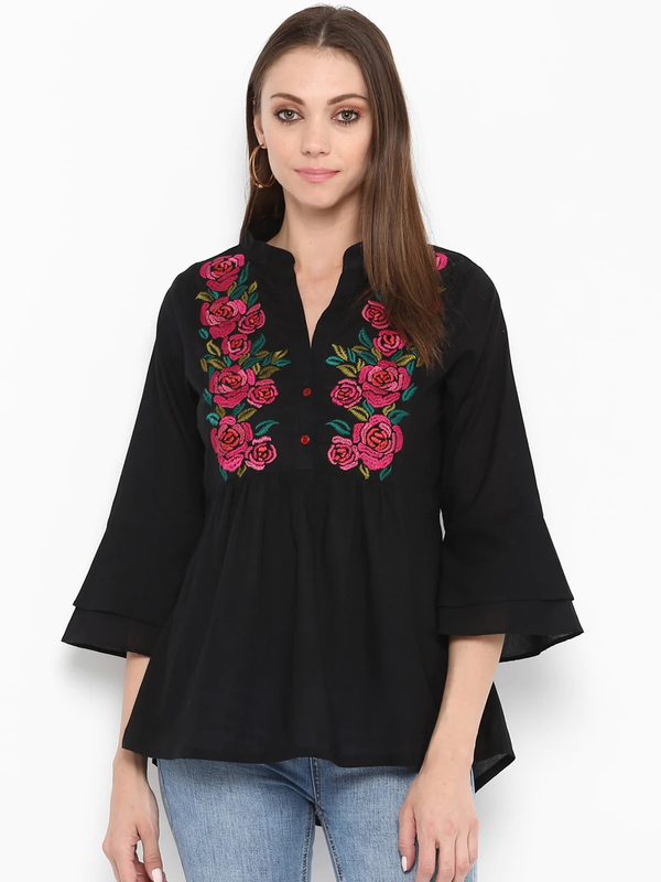 Women's  Black Floral Printed Top - Wahe-NOOR