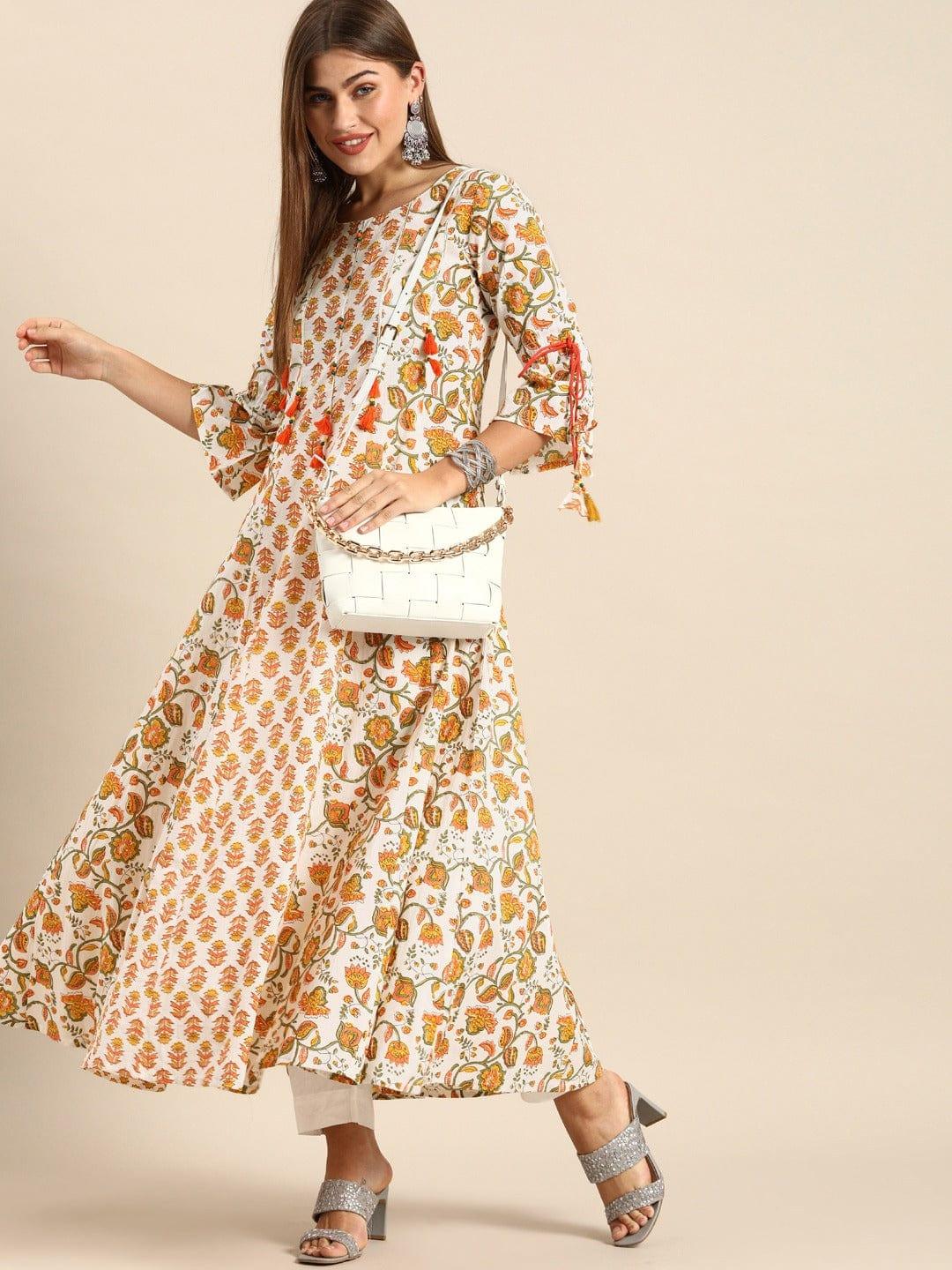 White & Orange Ethnic Motifs Printed Bell Sleeves Kurta - Indiakreations