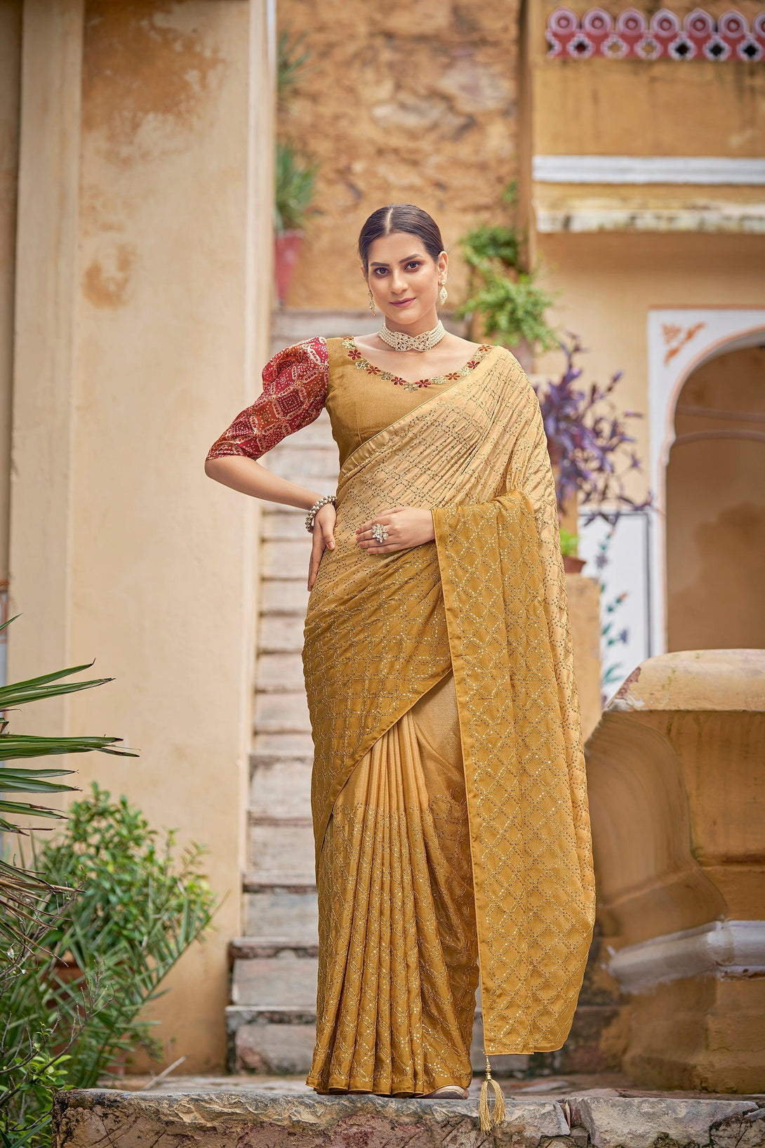 Desirable Base Yellow Sequined Embroidered Trendy Chinon Saree - Indiakreations
