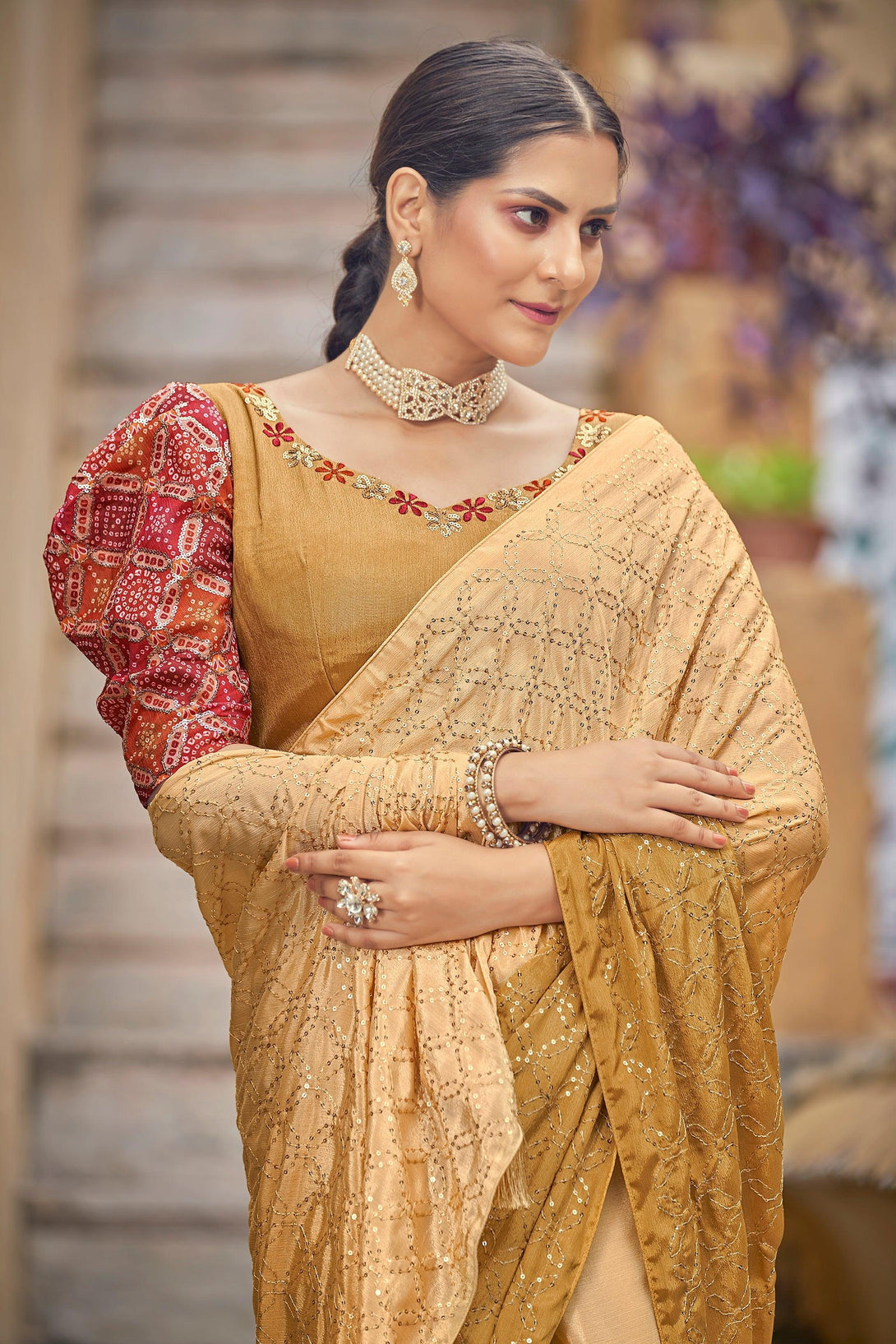 Desirable Base Yellow Sequined Embroidered Trendy Chinon Saree - Indiakreations