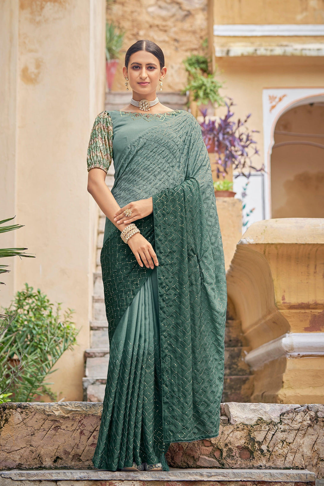 Beautiful Green Fully Sequins Embroidered Party Wear Saree - Indiakreations