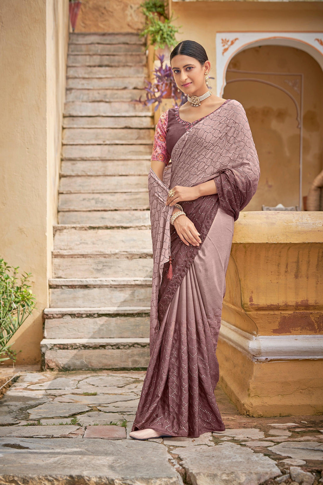 Designer Dusty Pink fully Sequins Embroidered Chinon Saree - Indiakreations