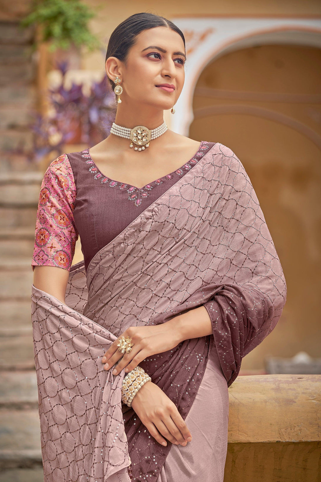 Designer Dusty Pink fully Sequins Embroidered Chinon Saree - Indiakreations