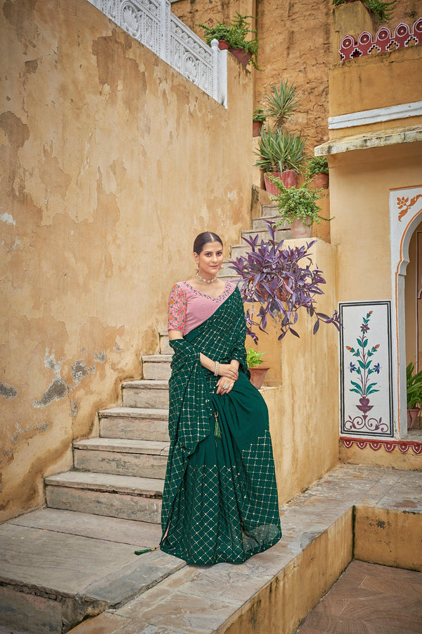 Glamorous Green Fully Sequins Embroidered Chinon Festive Wear Saree - Indiakreations