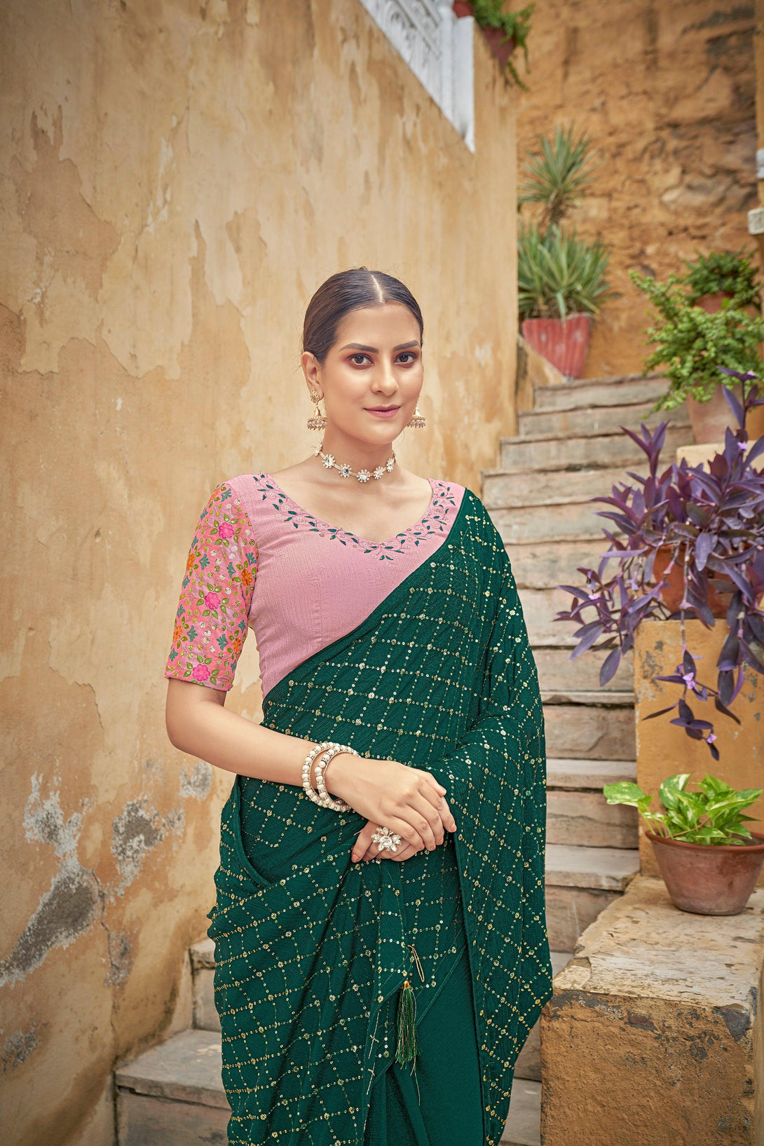 Glamorous Green Fully Sequins Embroidered Chinon Festive Wear Saree - Indiakreations