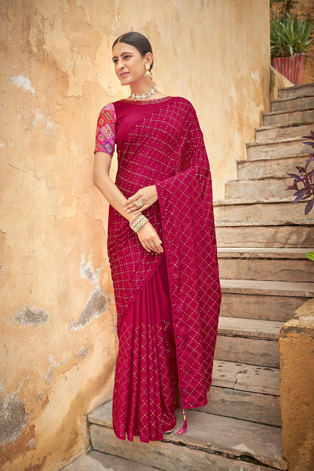 Desirable Dark Pink Sequined Embroidered Trendy Chinon Saree - Indiakreations
