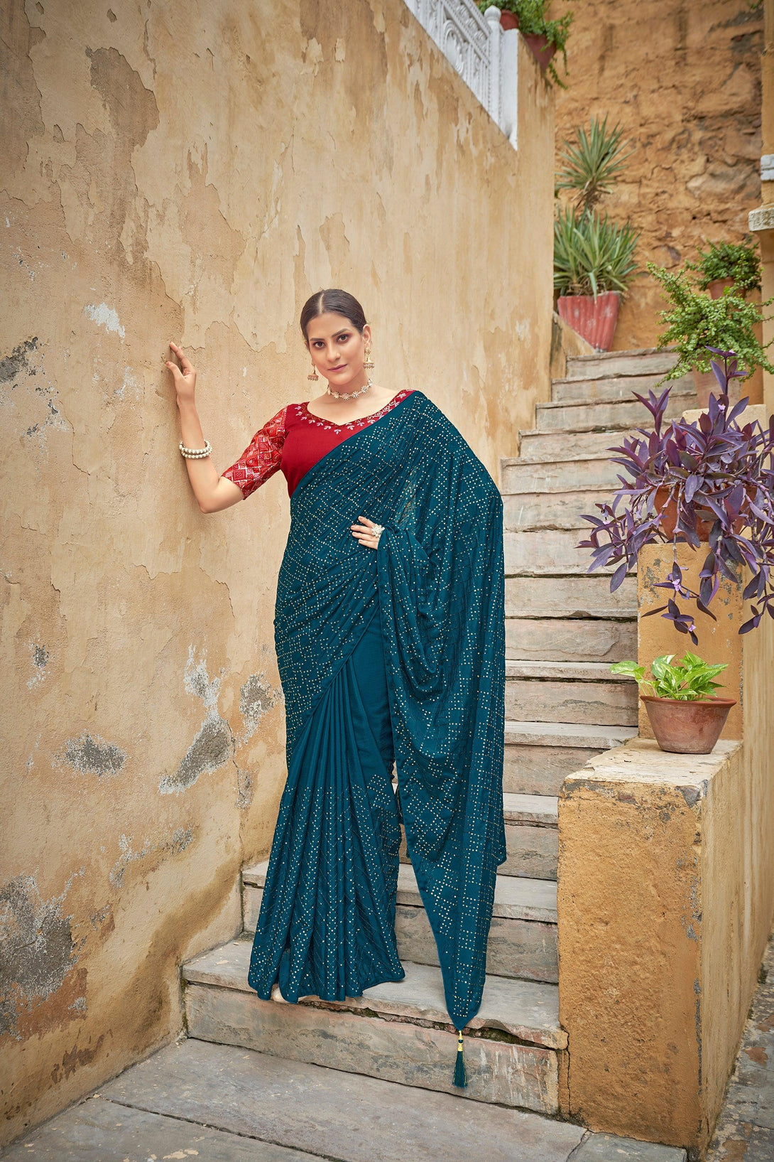 Gorgeous Teal Blue Fully Sequins Embroidered Party Wear Saree - Indiakreations