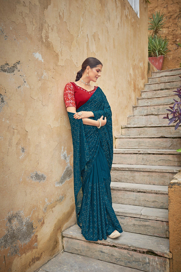 Gorgeous Teal Blue Fully Sequins Embroidered Party Wear Saree - Indiakreations