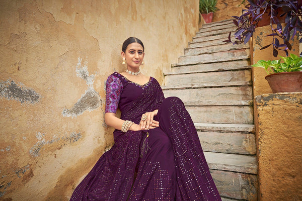 Latest Designer fully Sequins Embroidered Chinon Saree In Purple - Indiakreations