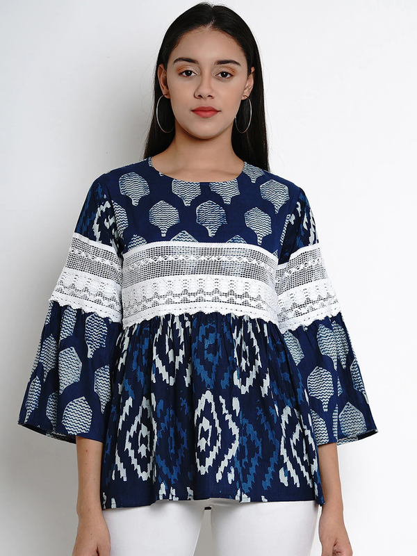 Women's  Blue & Off-White Printed Peplum Top - Wahe-NOOR