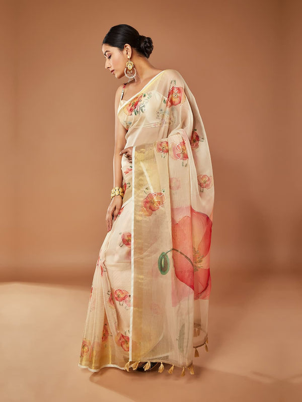 Alluring Gold and Pink Floral Print Saree With Tassels