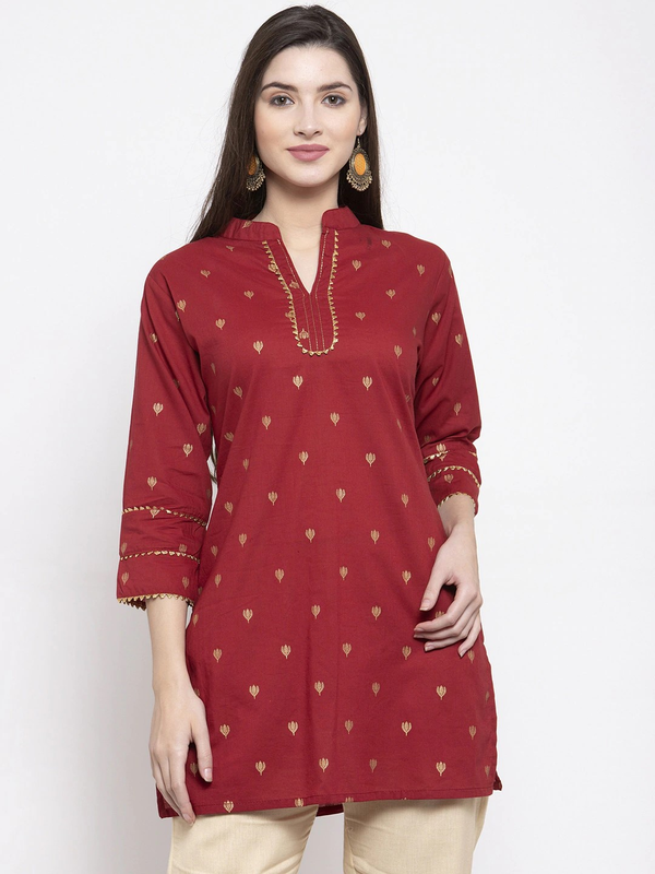 Women's  Maroon & Golden Foil Print Tunic - Wahe-NOOR