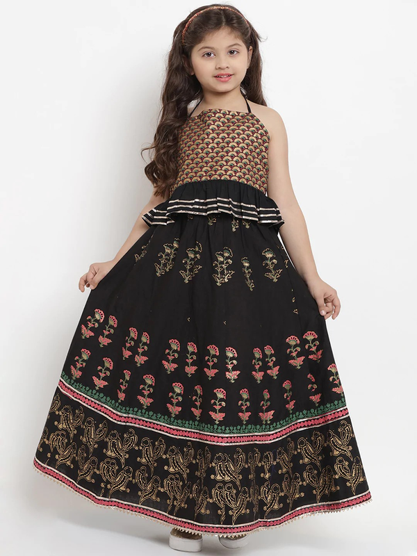 Girl's Black & Gold Printed Lehenga & Blouse Set  - NOZ2TOZ KIDS