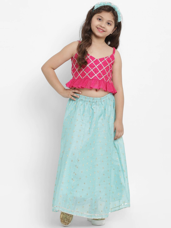 Girl's Fuchsia Pink & Turquoise Blue Lehenga & Blouse Set  - NOZ2TOZ KIDS