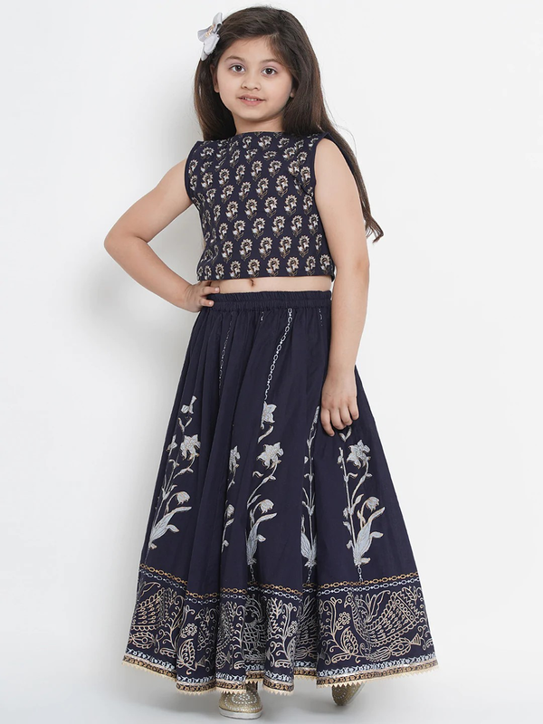 Girl's Navy Blue Lehenga & Blouse Set  - NOZ2TOZ KIDS