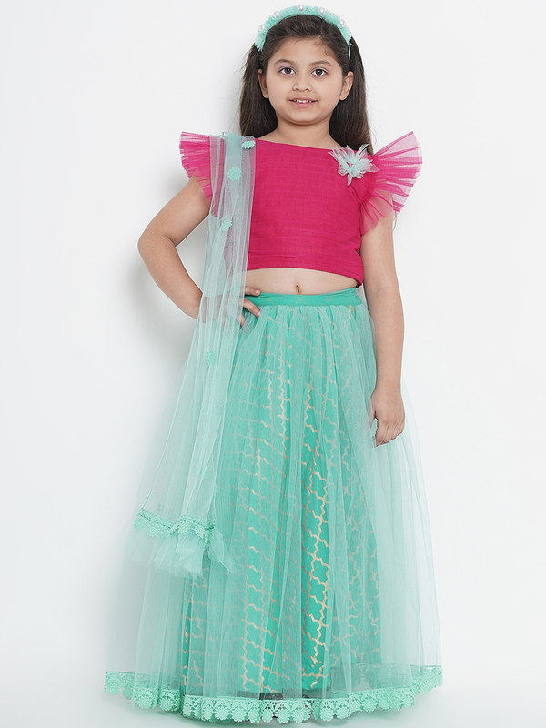 Girl's Sea Green & Pink Solid Lehenga & Blouse Set with Dupatta  - NOZ2TOZ KIDS